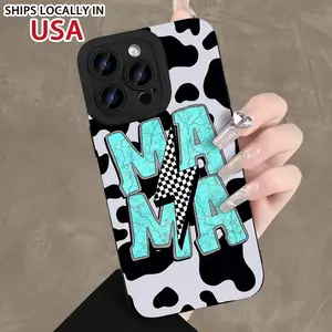 Lightning MAMA Cow Milk Pattern Mobile Phone Case, Durable Shockproof Case for iPhone 16 15 14 13 12 11 Pro Max Mini, Mother Leopard Design, Perfect for Mother's Day Gift Protective Screen Protector Smartphone Casing