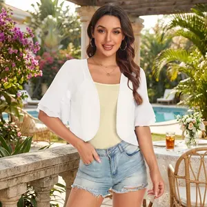 Women's Elegant Cardigan Bolero Shrug - Ruffle Short Sleeve Open Front Loose Sheer Jacket for Tops, Lightweight Breathable Summer Cover-Up Perfect for Casual Outfits, Beach Wear, Daily Fashion, and Layering with Dresses or Blouses