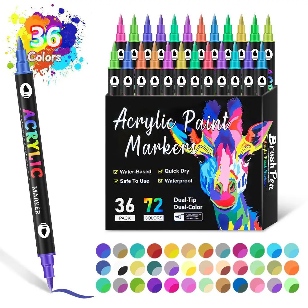 24/48/72 Colors Dual Tip Acrylic Paint Pens Markers ，Double Headed Different Color Art Graffiti Pen Marker Pen for Lettering and Creative Painting, Ro