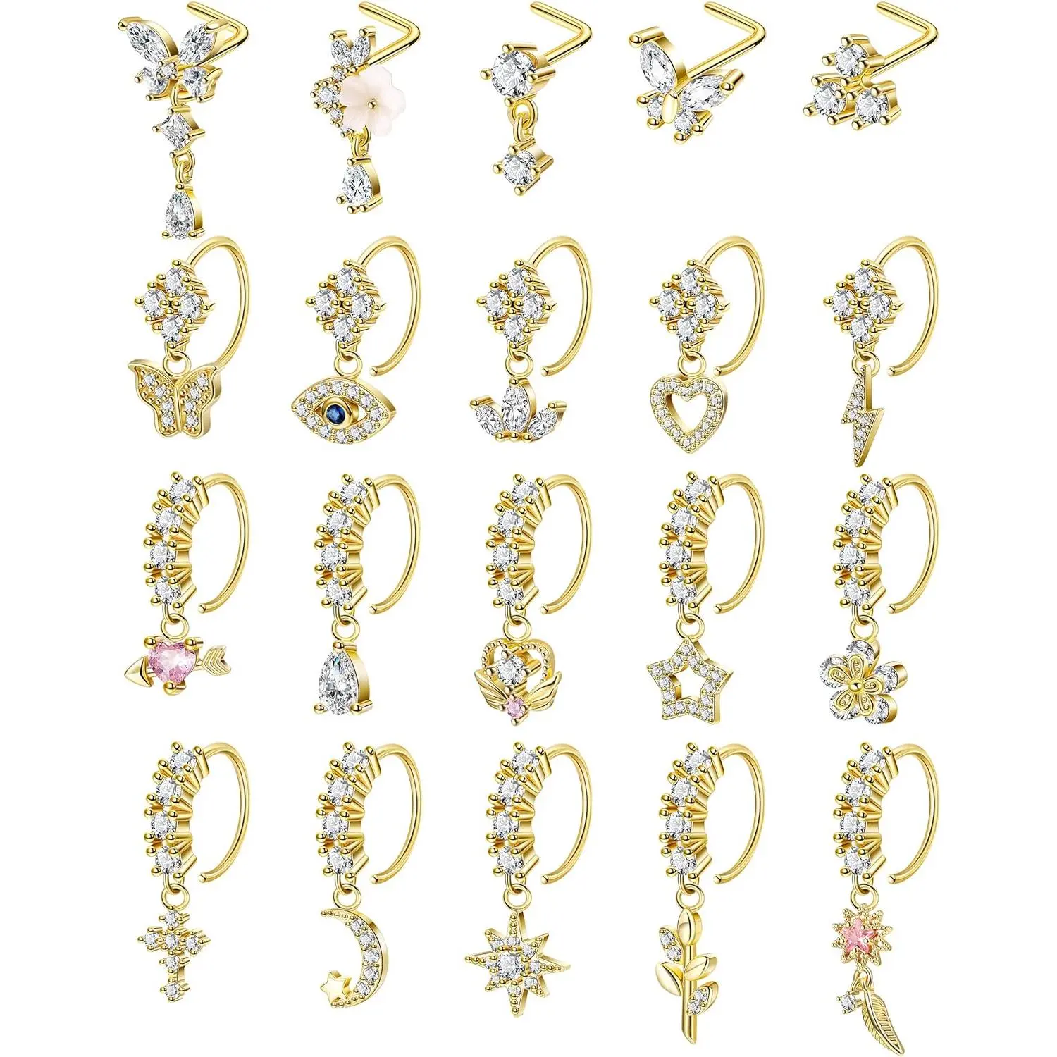20 count 20G 316L Stainless Steel Dangle Nose Ring for Women Men L Shaped Dangling Nose Stud Cute Heart Moon  Nose Hoop Set CZ Flower Leaf Butterfly Dangle Nose