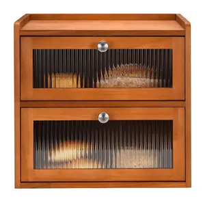 Pet food storage, countertop bread box, wooden bread storage container, storage box, double-layer bread box, bracket, large-capacity storage device, retro country style food organizer, cabinet shelf, acrylic window (brown)