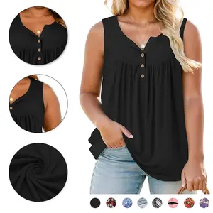 VOGRACE Plus Size Tank Tops for Women Summer V-Neck Sleeveless Henley Shirts with Buttons Loose Fit Pleated Flowy Tunics RPS2071 Casual Lightweight
