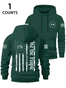 Men's Fall Winter Hooded Sweatshirt, Flag Print Design, Chest Pocket & Drawstring, Long Sleeve Loose Fit Casual Wear