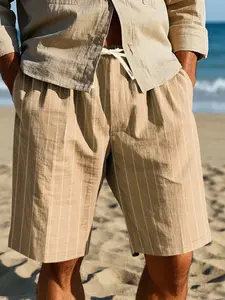 Men's Loose-Fit Breathable Striped Jacquard Linen Shorts, Minimalist Style 5-Inch Fashion Pants, Comfortable Plain Pattern Clothing
