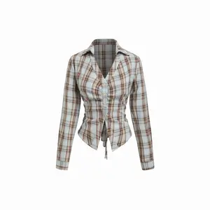 Cider Plaid Collar V-neck Long Sleeve Ruched Lace Up Tie Back Blouse