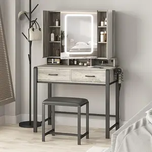 [SummerVibes] Vabches Modern Aesthetic Bedroom Makeup Vanity Desk - Lighted Tri-Fold Mirror, Power Strip, 2 Drawers, Hidden Storage Shelves, 3 Color Lighting Modes, 35.4in(L) Organizing Furniture