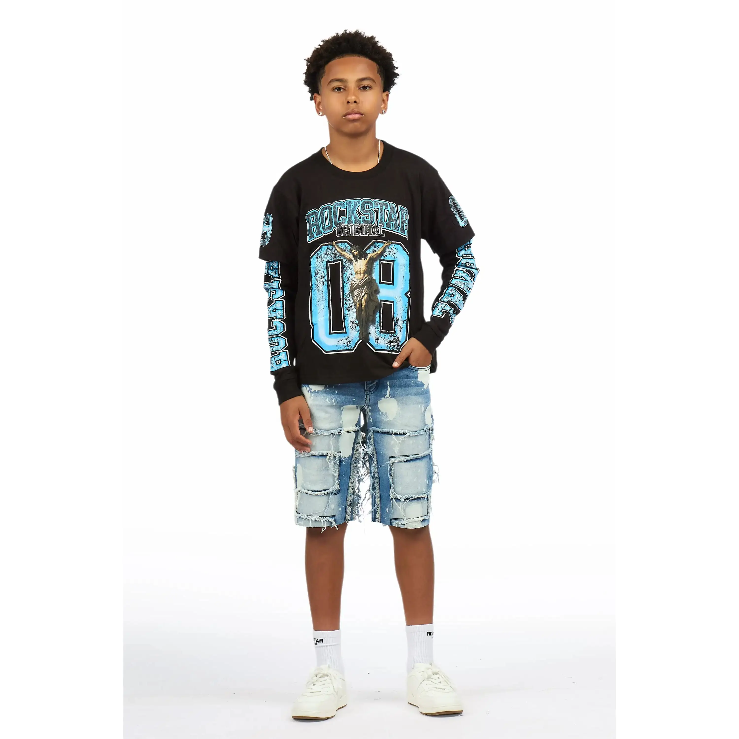 Boys Fieban Black/Blue Double Layer T-Shirt/Denim Short Set