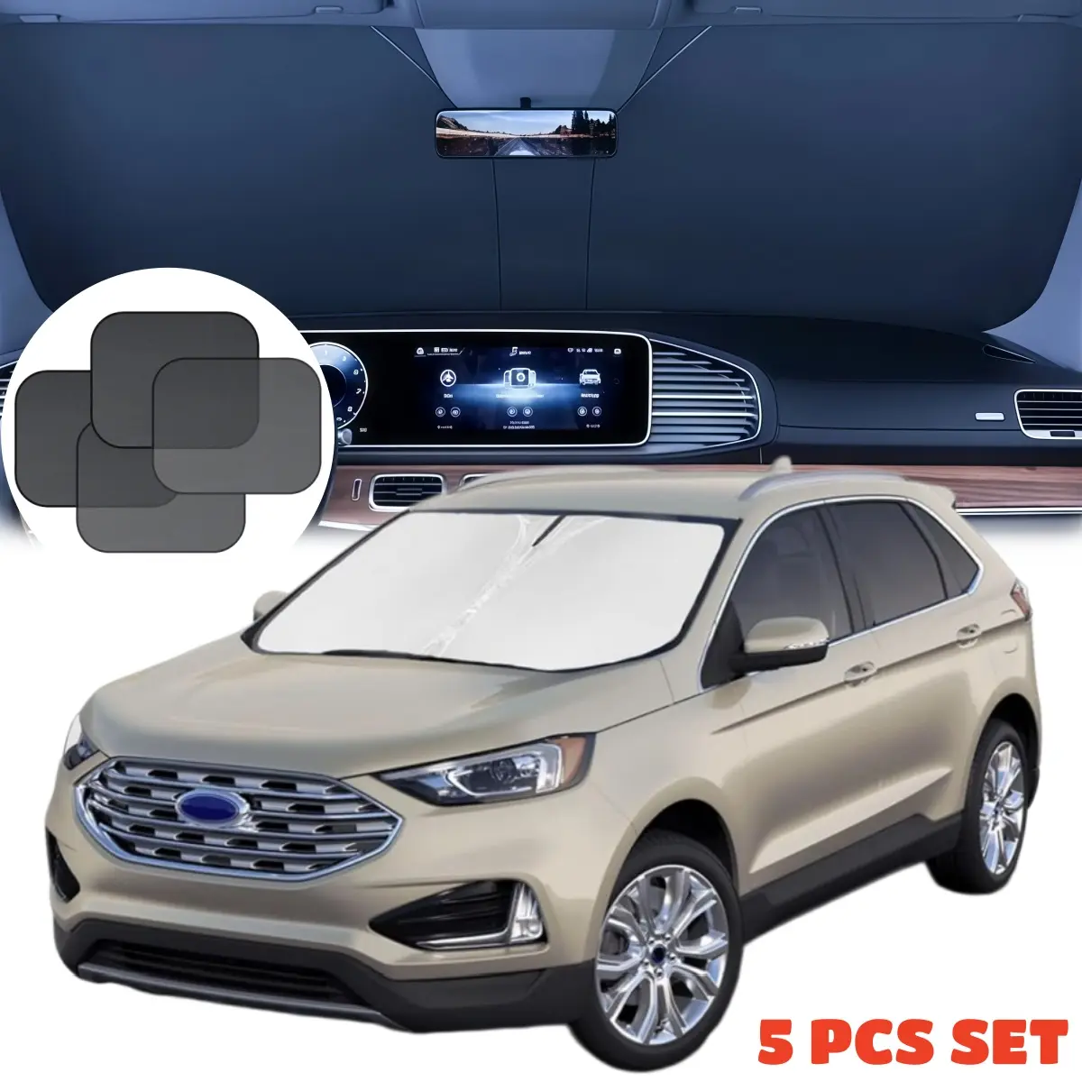 5-in-1 Car Sunshade Set for Ford Edge, Windshield Protector Front Window with 4pcs Front-Rear Side Window Mesh, 3-Layer UV Protection Sun-Shielding Design, Foldable Heat Blocking Accessory for Cool Interior, Plastic, Sun-Shielding Front Window