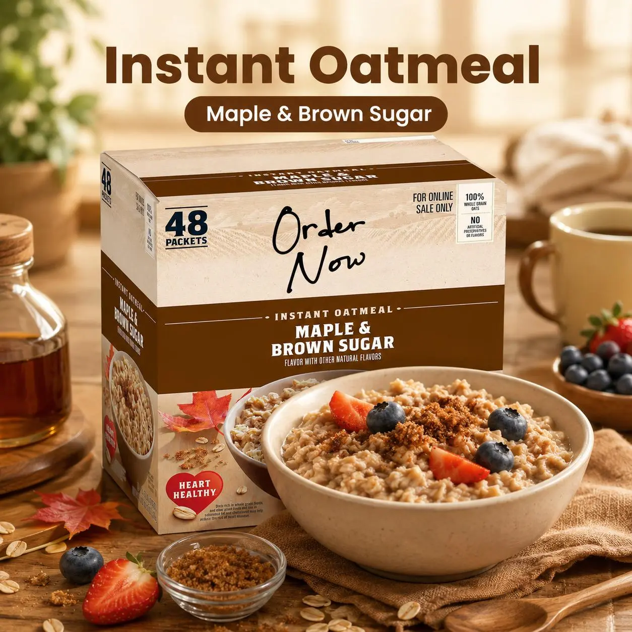 Instant Oatmeal Packets, Maple & Brown Sugar Flavor, Quick Breakfast, Individual Single Serve Packs, 48 Count
