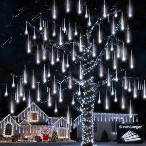 Christmas Lights Outdoor Meteor Shower Lights White 16 Inch 10 Tubes 360 LED Falling Rain Light Waterproof Snowfall Dripping Icicle Light for Xmas Tree Holiday Decoration Yard Porch Patio