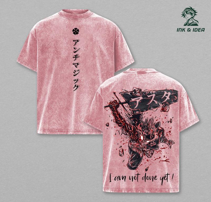 Asta Black Clover Black Bulls Anime Double Printed Vintage Washed Tee Unisex Oversize Anime Manga Washed Heavyweight Cotton T-shirt