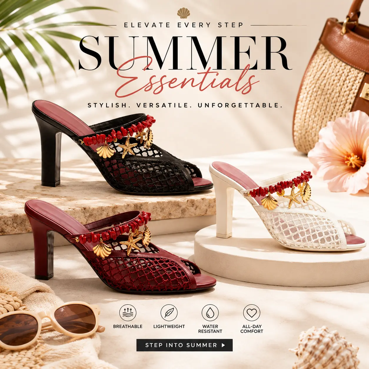 Women's Breathable Coastal Charm Mesh Mule Heels - Open Toe High Heel Dress Footwear with Starfish Shell Charms, Summer Vacation Design Shoes