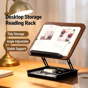 Adjustable Wooden Book Stand with Storage Base – Walnut Finish Ergonomic Reading Holder, Foldable Desk Book Holder with Hidden Page Clips & Non-Slip Base