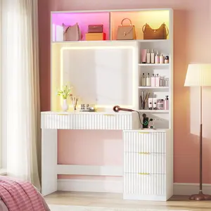 HAUOMS Fluted Vanity Desk with Mirror, Sync Music LED Lights, Power Outlet, Wooden Makeup Vanitys with Glass Cabinet, Glass Top, 4 Shelves, 5 Drawers Dressing Table for Bedroom Girls, Women (White)