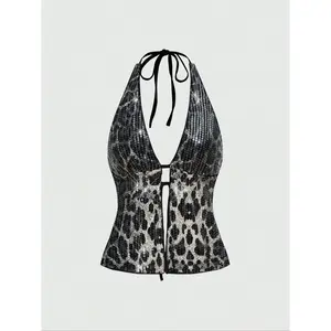 Women’s punk fashion off-shoulder halter top with leopard print sequins and a cross pendant — perfect for pop stars, summer beach parties, music festivals, and street style