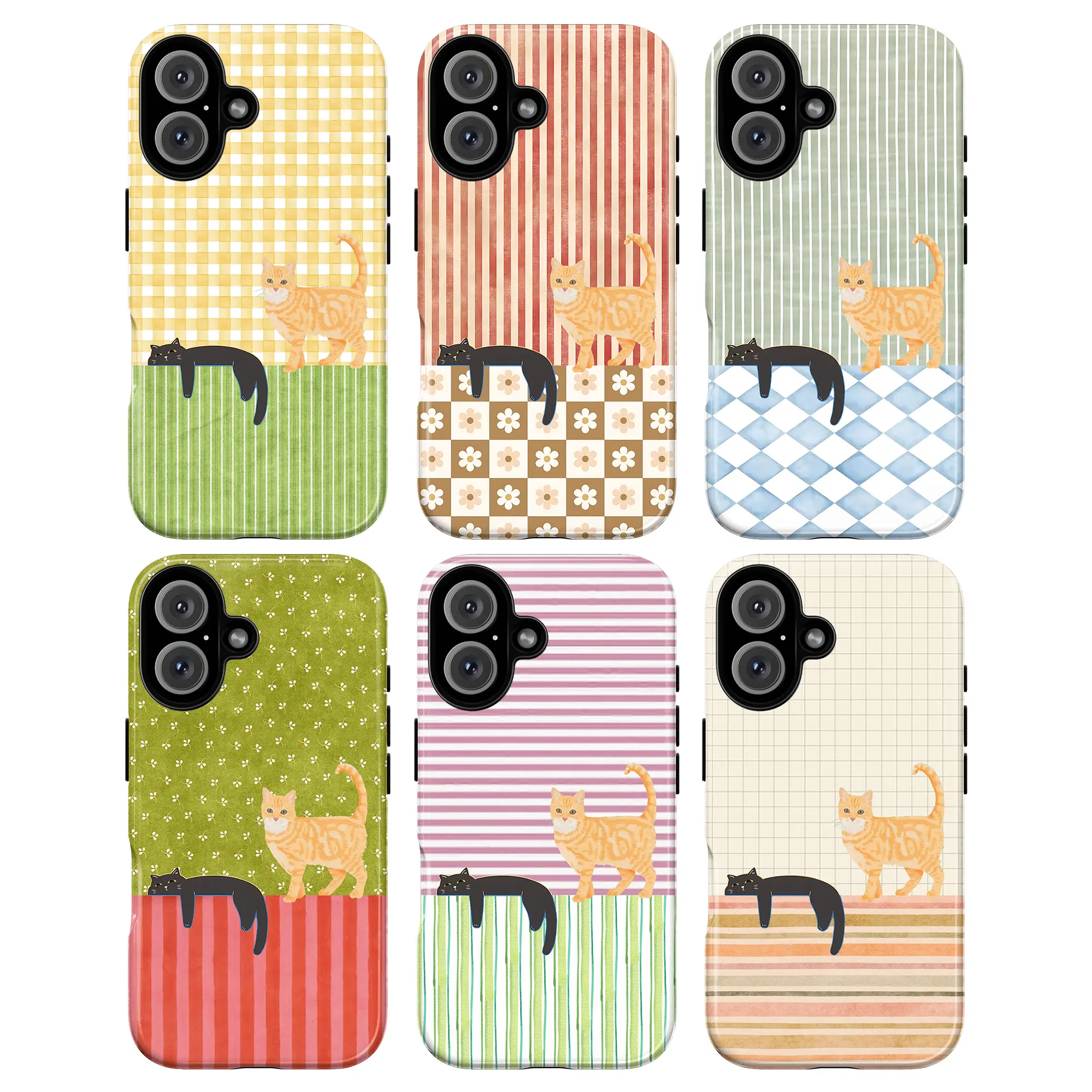 Cute Cat Phone Case – Whimsical Pastel Kitty Illustration with Stripes, Gingham & Floral Pattern, Aesthetic Vintage Cat Lover iPhone Case for iPhone 11 12 13 14 15 16 17 Pro Max X XS & Samsung Galaxy S21-S25, Kawaii Vintage Cat Lover, Whimsical Cat