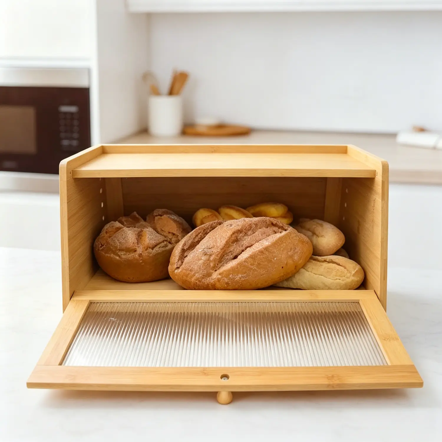 Bamboo Bread Box - Ventilated Home Kitchen Container Storage Box, Functional Mid-Size Rigid Home Organizer Bin for Extending Bread Freshness, Container Storage Boxes, Functional Storage Boxes