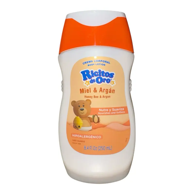 RICITOS DE ORO Hypoallergenic Body Lotion - Natural Blend Body Care Moisturizer with Miel y Argan, 8.4 Oz (Pack of 1) for Hydrating & Soothing Skin