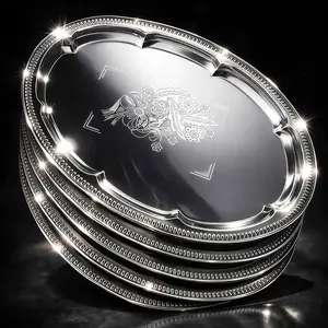 6-Pack Large  Serving Trays (16" x 12") - Oval Floral Engraved Serving Platters for Parties, Weddings, Birthdays,  Occasions - Mirror Trays for Appetizers, Charcuterie, Cookies, Desserts