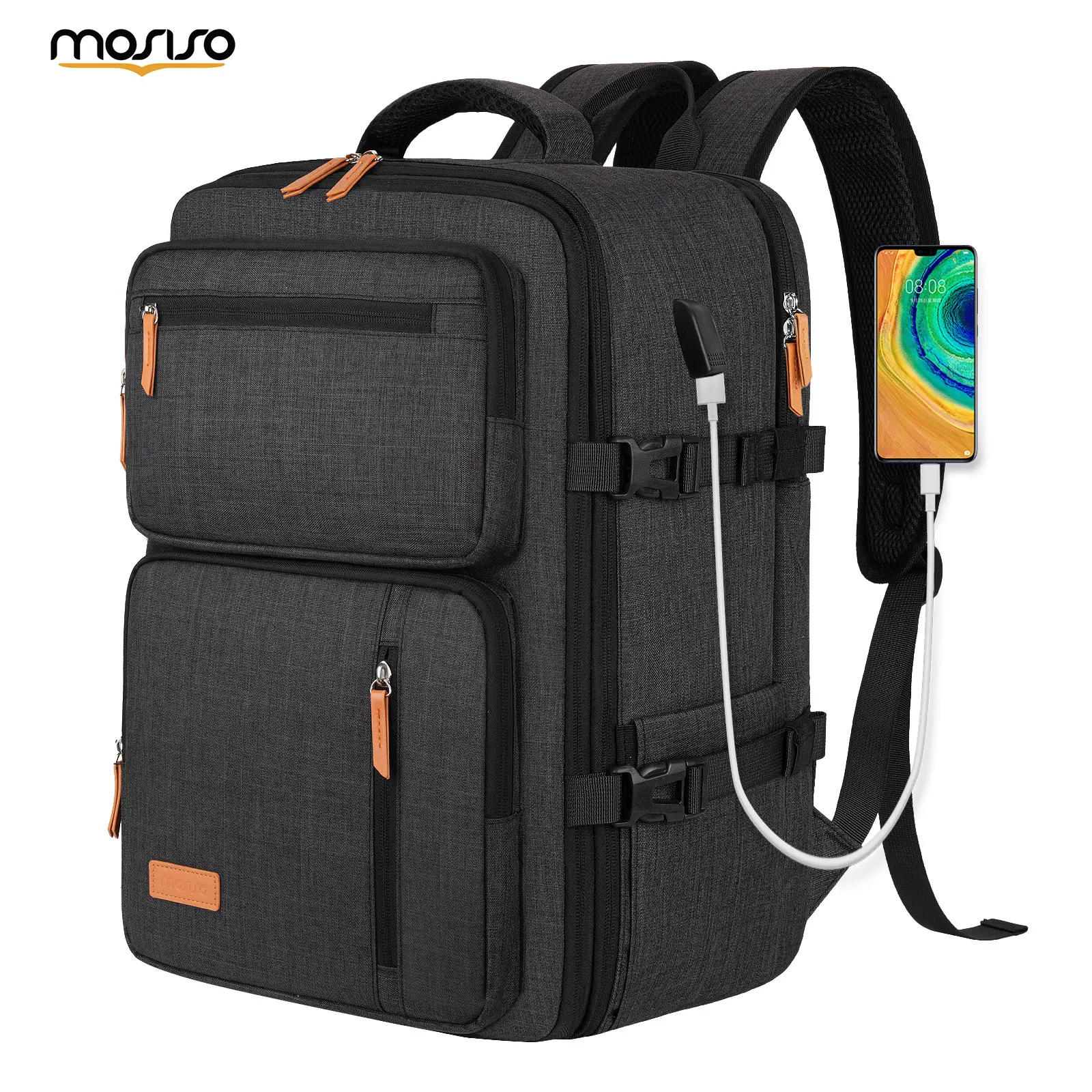 MOSISO 40L Travel Backpack, Flight Approved Carry-On Backpack with 17.3 Inch Laptop Compartment, Expandable Luggage Backpack with USB Charging Port & Packing Cubes for Work, Business Travel & Trips, Black