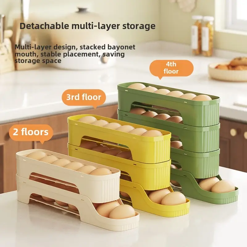 Rolling slide style egg storage box, multi-layer storage and detachable, more convenient and easy to access, refrigerator side door egg box, food grad