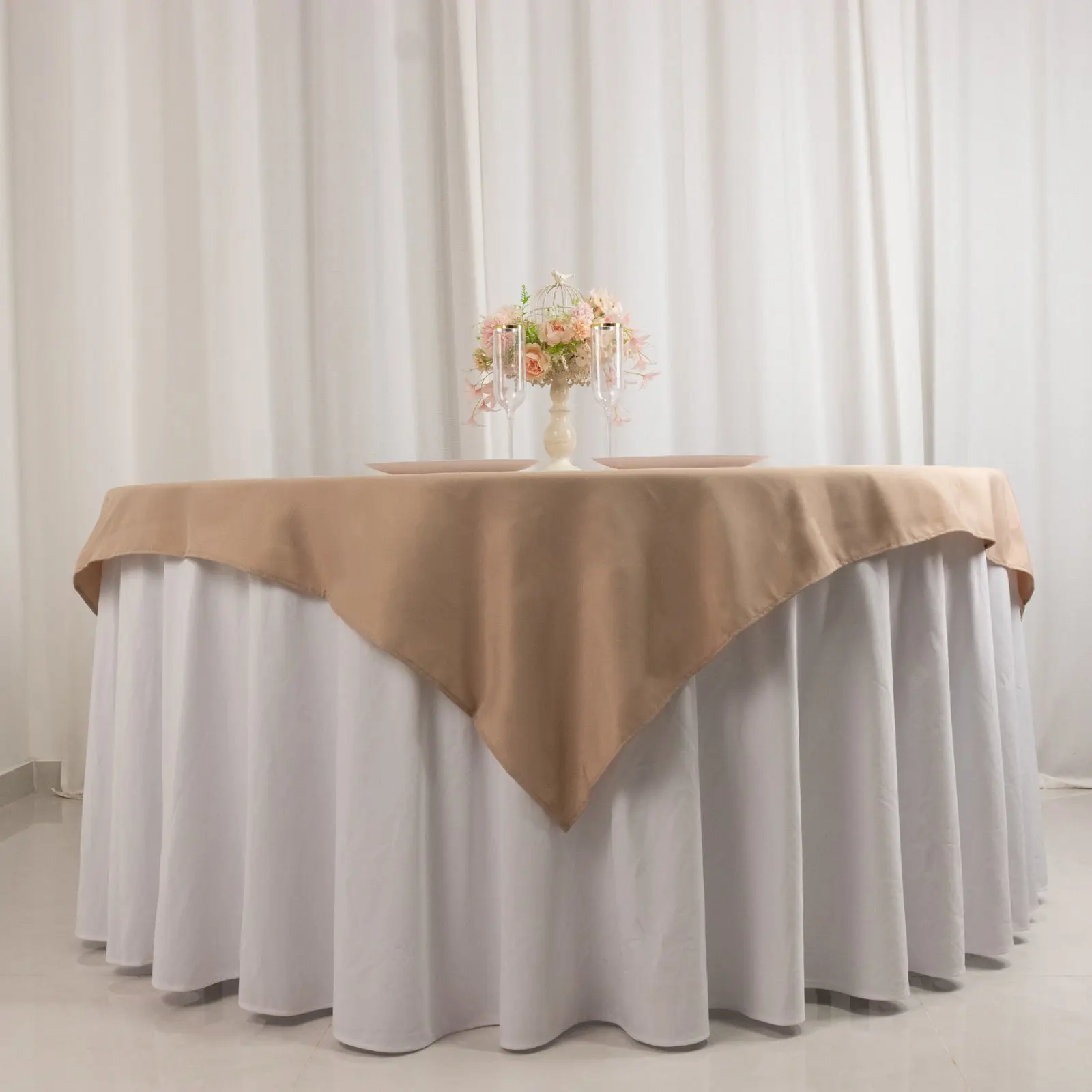 Premium Polyester Solid Square Table Overlay, 54"x54" Nude, 220GSM Wrinkle-Resistant Decorative Table Topper for Party Decor, Wedding Use