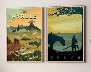 Zelda Poster 2 Piece Wall Art Framed / Unframed & Canvas Visit Hyrule Art, Travel poster, Zelda gift, Hyrule, Link, Legend of Zelda prints