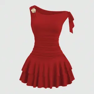 Women's Burgundy Metal Flower Decor Ruched Shoulder Asymmetrical Neck Mini Dress with Layered Hem and Knitted Fabric - Casual Summer Elegant Red Off-Shoulder A-Line 3D Embroidered Bodycon Cowl Maxi ant dress prom