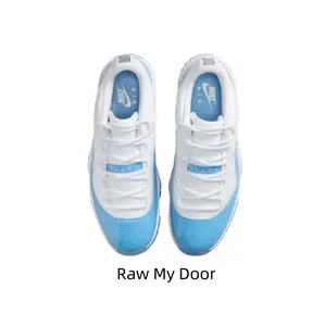 White UNC Light Blue Two-Tone Low Top Basketball Sneakers Breathable White Mesh Upper Gloss UNC Blue Toe & Heel Overlay Black Jumpman Logo Transparent Ice Blue Outsole Street Casual Trainer Shoes