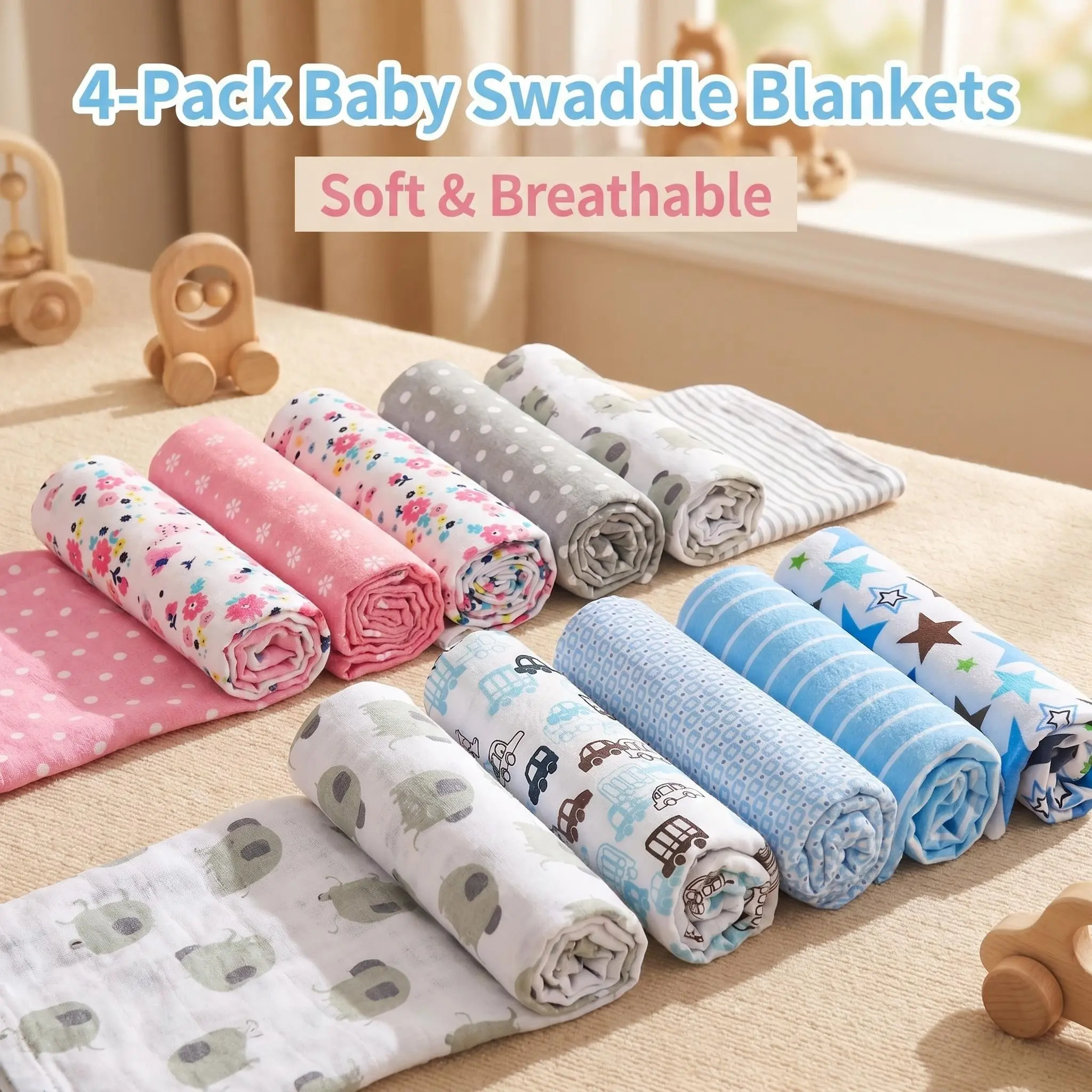 4pcs Cute Print Soft Breathable Lightweight Wrap Blanket, Multifunctional Baby Bath Towel, Newborn Towels, Perfect Gift for Newborns, Boys and Girls