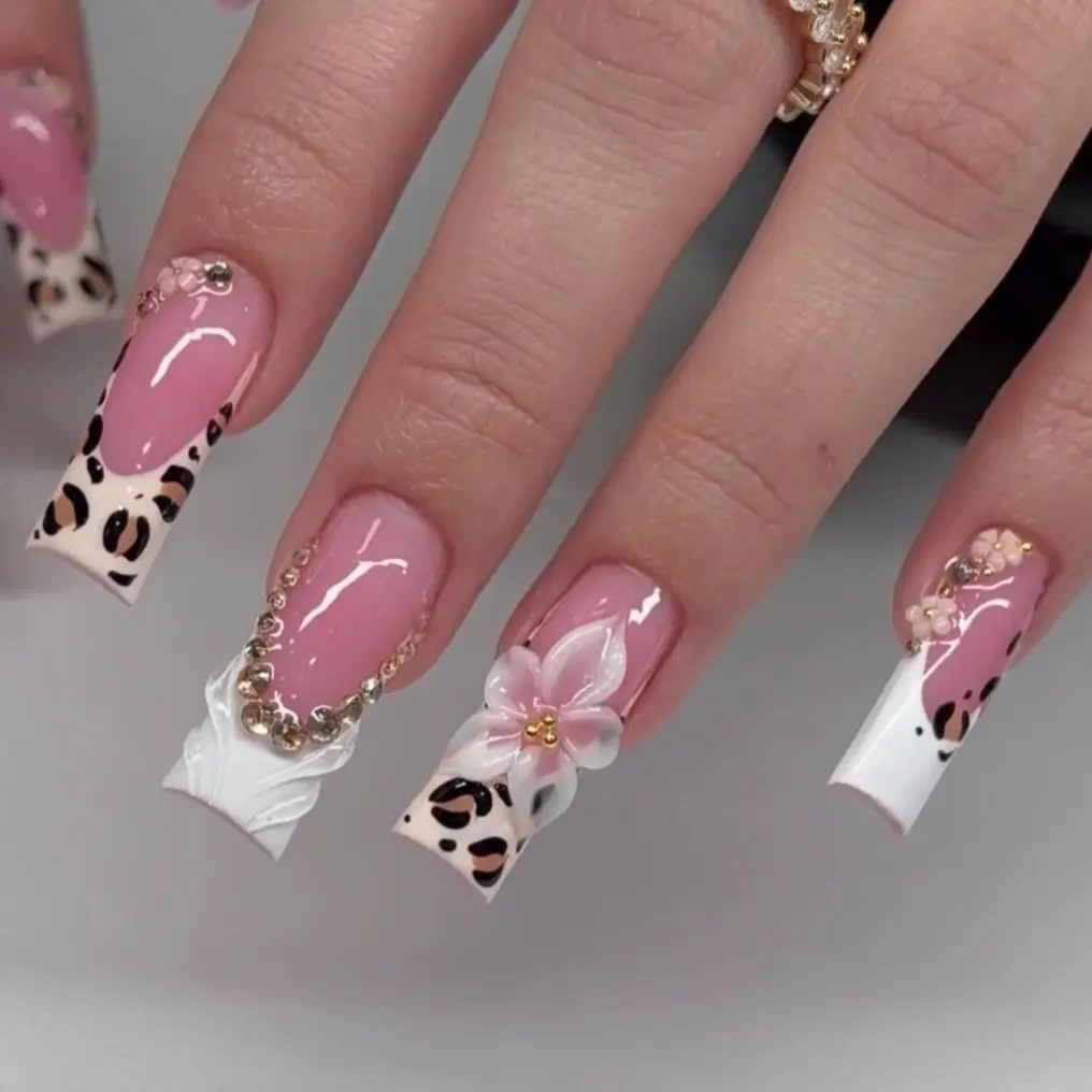 10-Piece Medium Square Handmade Press-On Nails, Fake Nails, Nail Art Supplies, Nail Designs - Sweet Nude Pink French Tip Nails Style with Leopard Print, 3D Flower and Rhinestone Accents, perfect for everyday wear, parties, dates