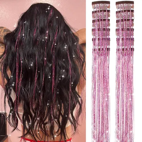 Women's Silk-Smooth Clip-In Tinsel Hair Extensions Kit - 12 Pcs 20-Inch Glitter Pink Synthetic Strands with Metal Clips, Accessories for Women, Girly Feminine Items for Costumes, Birthday Parties