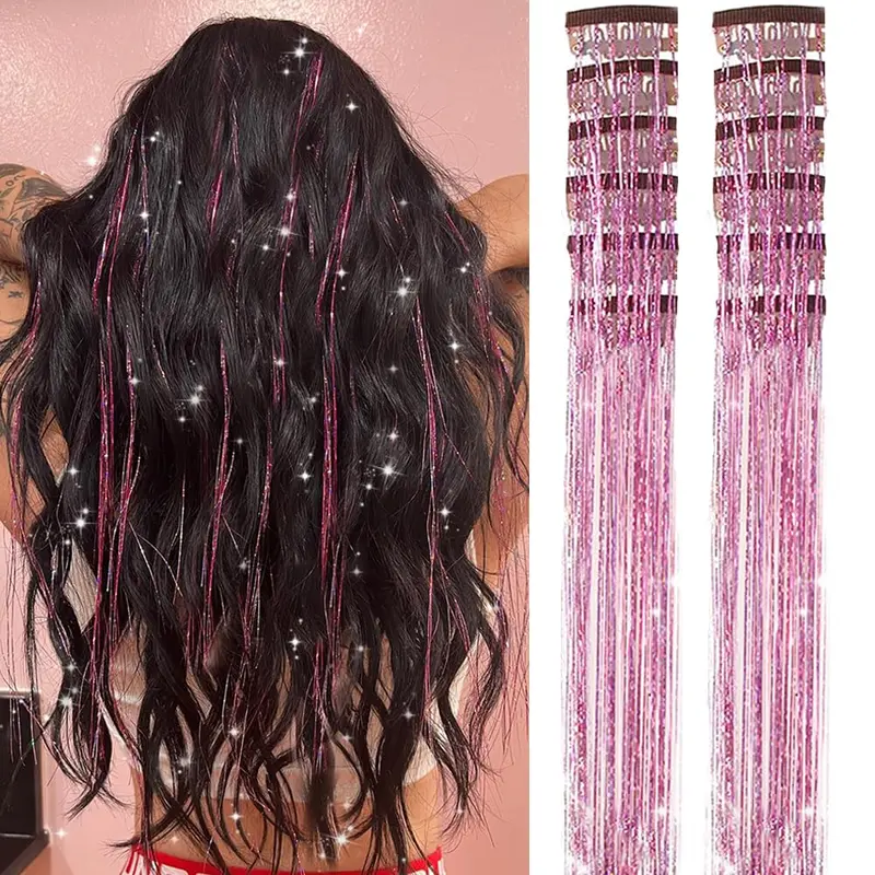 Women's Silk-Smooth Clip-In Tinsel Hair Extensions Kit - 12 Pcs 20-Inch Glitter Pink Synthetic Strands with Metal Clips, Accessories for Women, Girly Feminine Items for Costumes, Birthday Parties