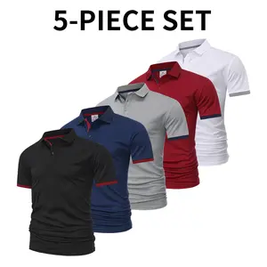 Set of 5 men’s shirts made from breathable, quick-dry material; lightweight elastic polyester fiber with a button design. Suitable for summer office wear, sailing trips, and everyday outfits; loose short sleeves for comfortable wear.