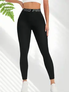 Women's Letter Tape Pocket High Waist Sports Leggings, Sporty Comfy Breathable Fitted Skinny Pants for Yoga Gym Workout, Ladies Sportswear for All Seasons