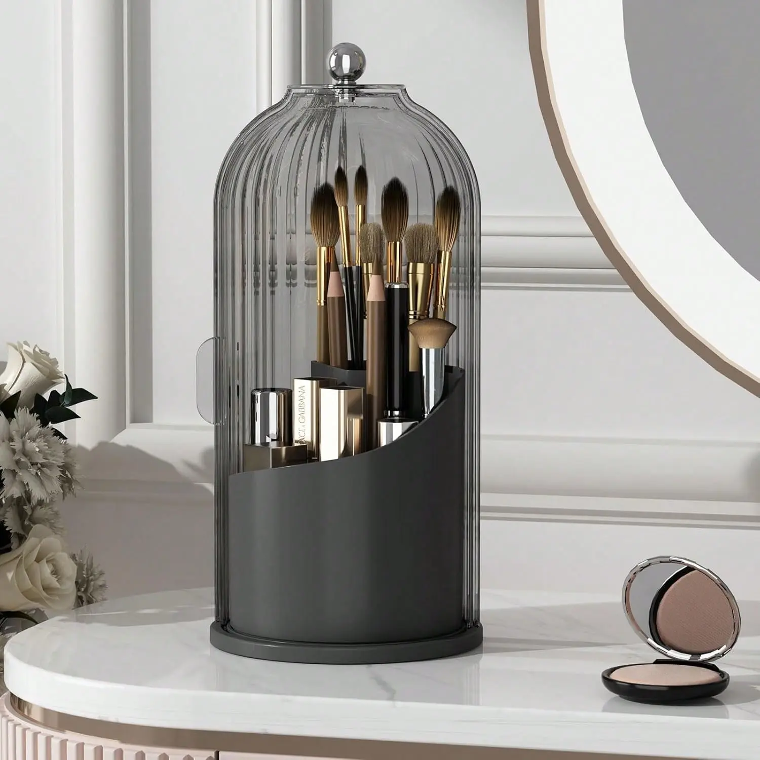 Makeup Brush Holder with Lid 360 Rotating Clear Dustproof Organizer for Vanity Bathroom Countertop Black Rotatable Storage Easy Access Protection Space-Saving Design Decoration