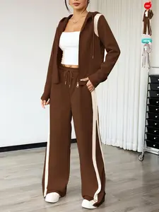 Women's Two-Piece Set Hooded Long Sleeve Jacket & Wide-Leg Pants, Comfortable Slim-Fitting Casual, Stylish Patchwork Design Outfits