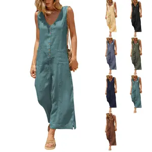 UANEO Women Button Down Jumpsuits Cotton Linen Sleeveless Casual Wide Legs Rompers Loose Overall with Pockets SummerVibes Womenswear