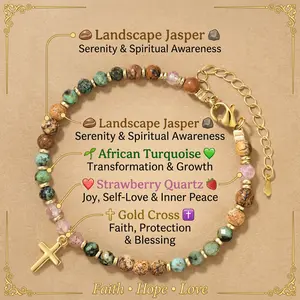 Crystal Beaded Cross Blessing Bracelet for Women Retirement Gifts, Natural Stone Jewelry with Blessing message Card for Retired Coworker Friend Mom Landscape Jasper Joy