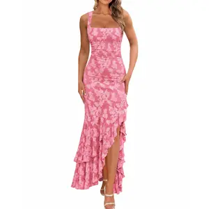 BORIFLORS Women's Elegant Floral Embroidery Mesh Maxi Dress - Quiet Luxury Square Neck Bodycon Ruffle Mermaid High Slit Graduation Dress for 2026 Wedding Guest, Formal Party Outfits, Graduation Dresses