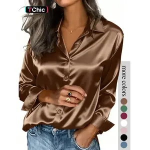 Women's solid color satin button-down long-sleeved casual Fitted shirt, made of fashionable silk fabric, suitable for casual office wear and commuting, and appropriate for both spring and autumn.