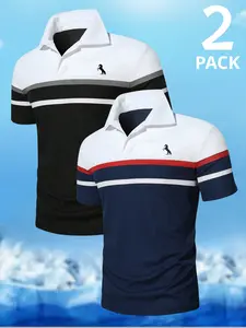 2 Pack Men's Plus Size Color block Stripe Print Short Sleeve Polo Shirt, Casual Summer Top for Daily Wear & Outdoor Activities