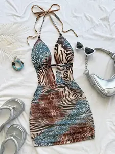 Women's Vintage Tie-Dye Abstract Leopard and Zebra Print Deep V Neck Back Tie Waist Ruched Mini Dress, Sexy Fashion for Vacation, Date Night