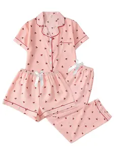 Women's Elegant Short Sleeve Shorts Long Pants Cherry Print Lapel Sleepwear Set, Pajama Set, Casual Home Wear, 3 Piece Set, All Seasons