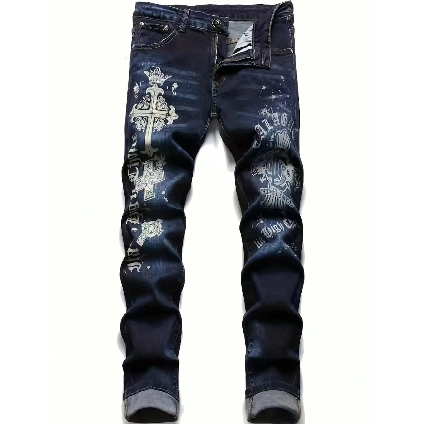 Graffiti Distressed Washed And Distressed Jeans Men Jeans Para Hombre Straight-Leg Wide-Leg Stretch All-Season Streetwear Y2K Vintage Wash loose fit denim pant Graphic Pants Button Fly Pants