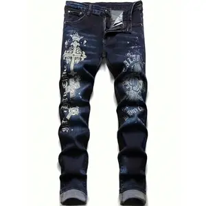 Graffiti Distressed Washed And Distressed Jeans Men Jeans Para Hombre Straight-Leg Wide-Leg Stretch All-Season Streetwear Y2K Vintage Wash loose fit denim pant