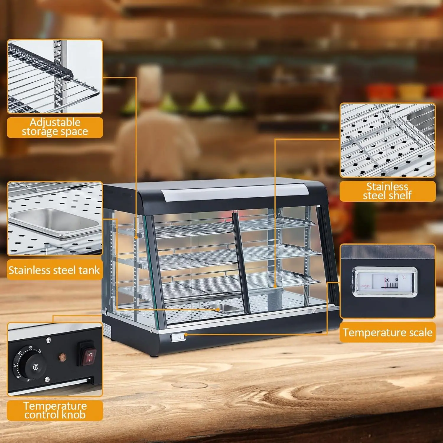 Commercial Food Warmer, 35" Display Pizza Warmer, 3-Tier, 800W Electric Countertop Food Warmer w/LED Lighting, 3D Heating, Bottom Fan, Removable Shelves, Glass Door, Temperature Knob/Indicator
