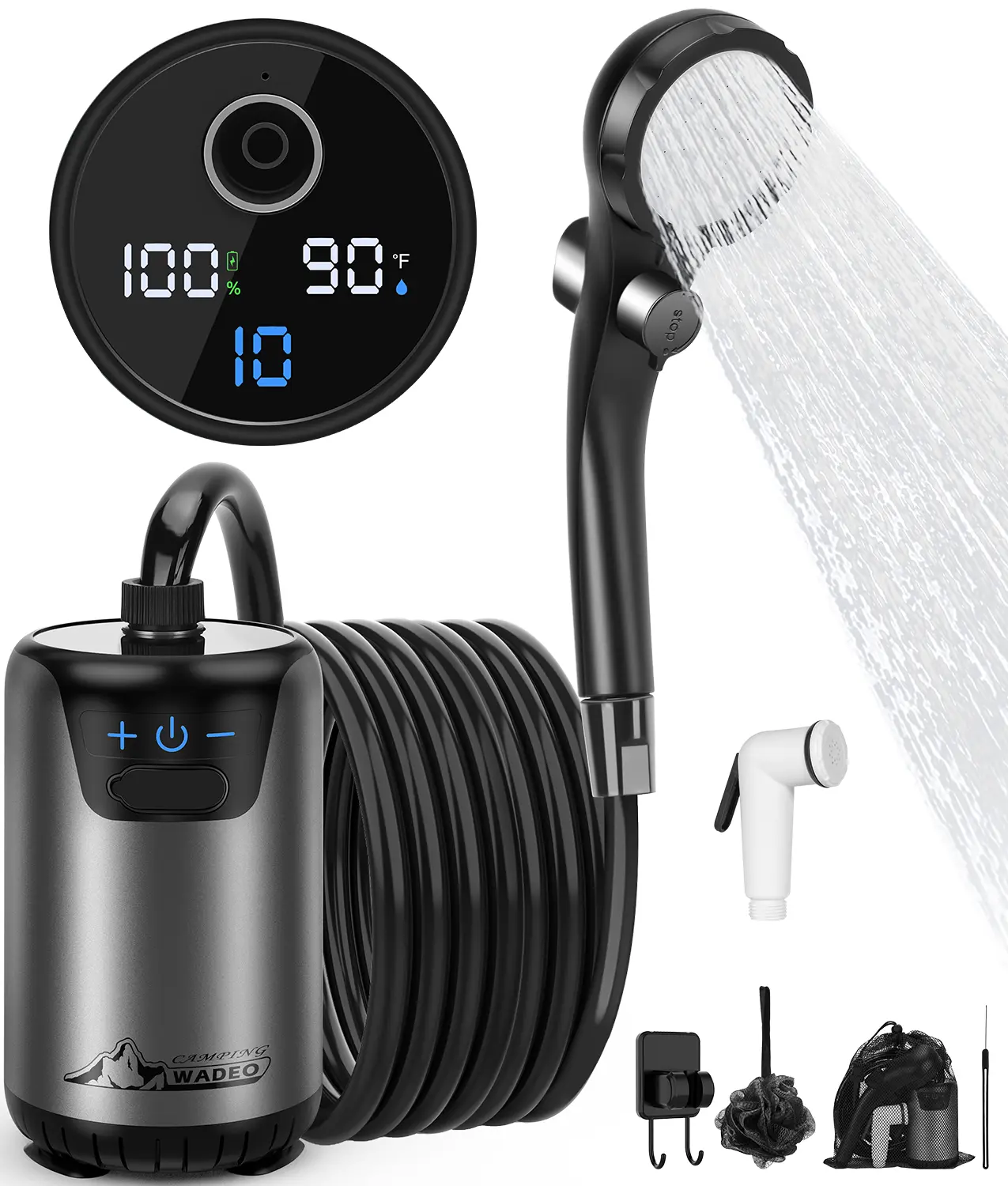 Wadeo Portable Shower 6000mAh Rechargeable Camping Shower Pump with 10 Spray Modes Fahrenheit Display IPX7 Waterproof for Outdoor Camping Travel Car Washing Pet Bathing
