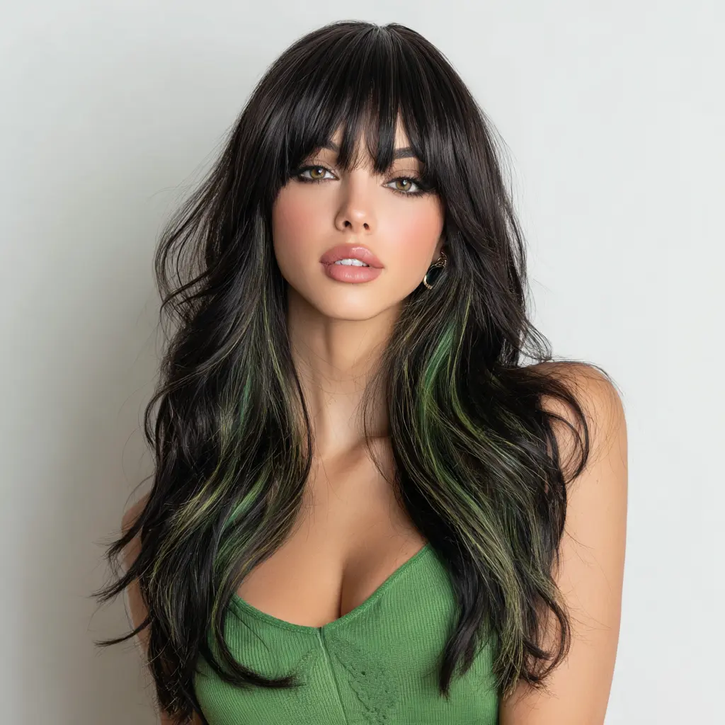 SMILCO/24Inch Highlight Brown With Green Long Curly With Bangs Synthetic Wig/SM406