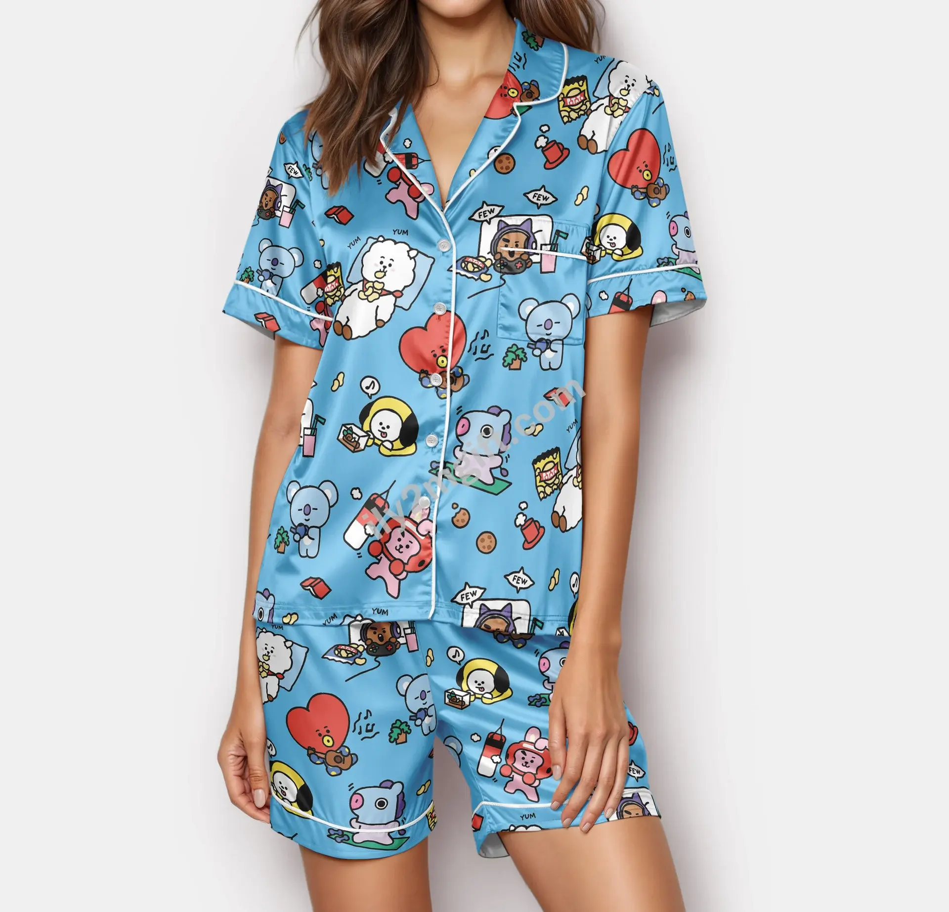 BBBT Women's Satin Pajama Set, Button Up Short Sleeve Sleepwear, Lounge Shorts
